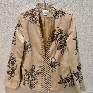 Tweeds Vintage Career Silk Blend Jacket Sz Large Tan/Black Lined Embroidered